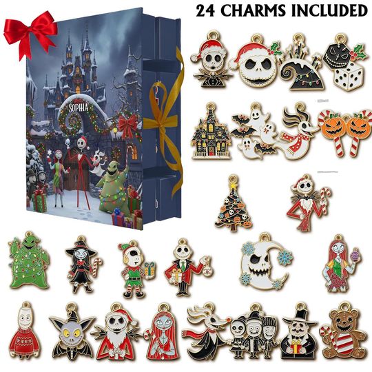 Personalized Nightmare Collection Advent Calendar 2025, Christmas Gothic Skull Horror Gift Box, 24 Flat Ornaments
