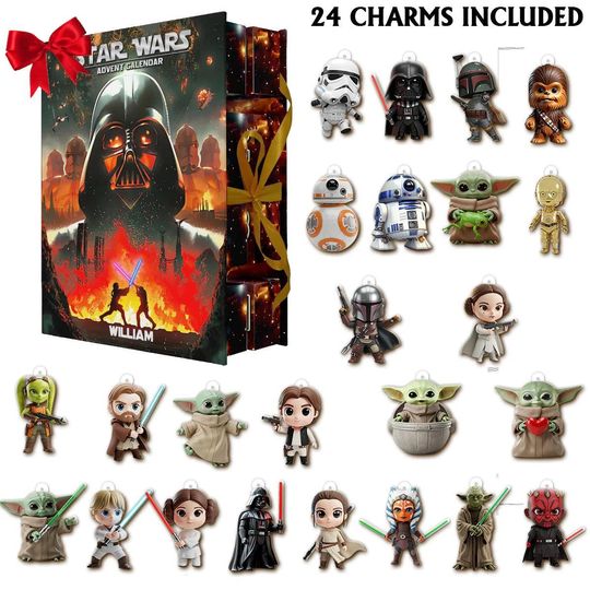 Personalized Space Wars Collection Advent Calendar 2025, Spaceship The Force Christmas Gift Box, 24 Flat Ornaments