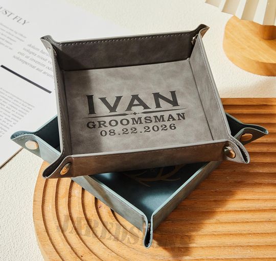 Leather Tray for Men, Personalized Fathers Day Gift, Engraved Vegan Leather Valet Tray
