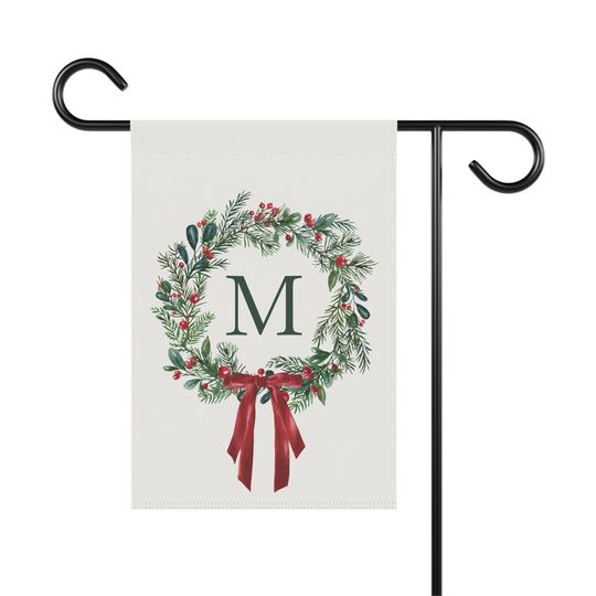 Personalized Christmas Wreath Garden Flag - Holiday Monogram Yard Decor