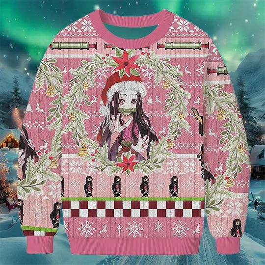 Pink Anime Girl Christmas Sweater Cute Holiday Knit Pullover with Wreath and Poinsettia Design Festive Winter Outfit for Women