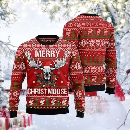 Funny Moose Christmas Sweater, Merry Christmoose Red Holiday Pullover, Festive Reindeer Pattern Knit, Ugly Xmas Sweater Gift for Adults