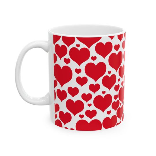 Red Heart Pattern Mug | Valentine's Day Ceramic Coffee Cup
