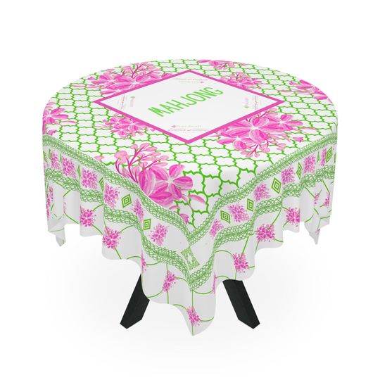 Preppy Mahjong Tablecloth with Charleston Instructions | Pink Green Floral Mahjong Game Table Mat