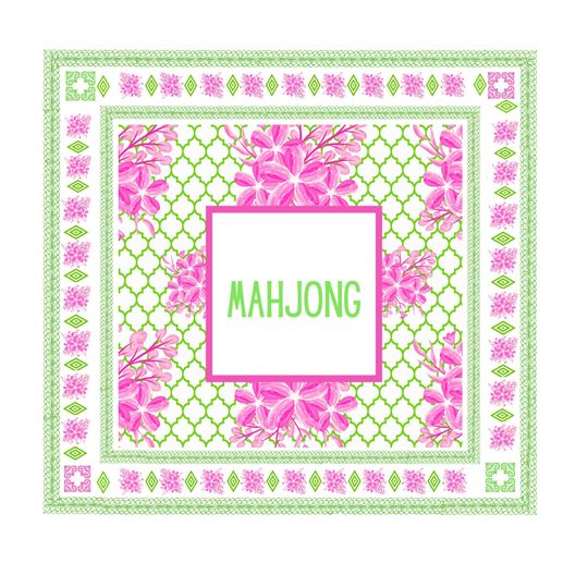 Preppy Mahjong Tablecloth with Charleston Instructions | Pink Green Floral Mahjong Game Table Mat