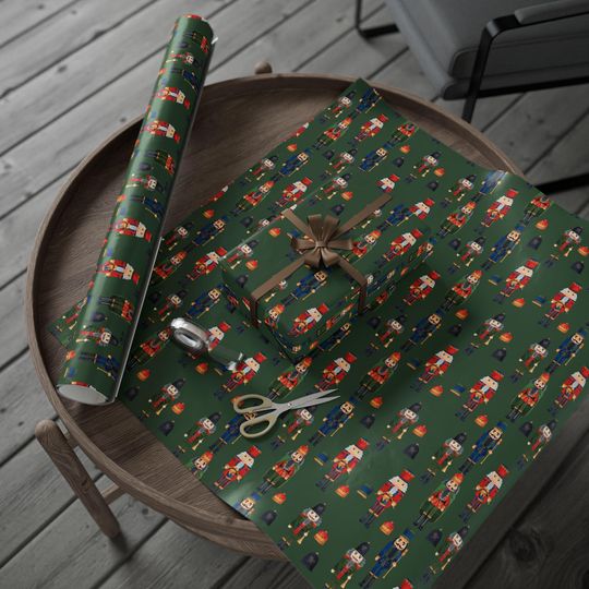 Nutcracker Christmas Wrapping Paper | Green Holiday Gift Wrap Roll | Festive Red & Gold Nutcracker Pattern | Luxury Xmas Packaging