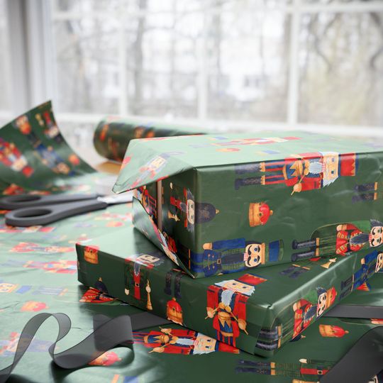 Nutcracker Christmas Wrapping Paper | Green Holiday Gift Wrap Roll | Festive Red & Gold Nutcracker Pattern | Luxury Xmas Packaging