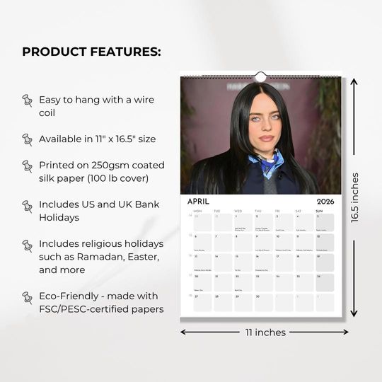 2026 Celebrity Wall Calendar: Minimalist Home Office Decor, Gift for Fans