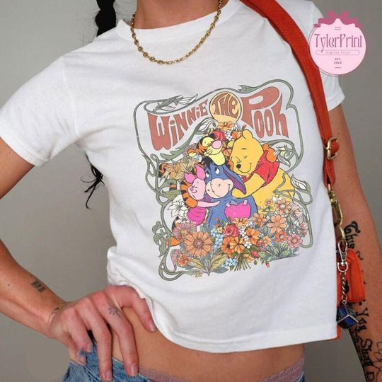 Vintage Floral Disney Winnie The Pooh Crop Top, Pooh Bear and Friends Birthday Girl Crop Top, Disney Girl Crop Top