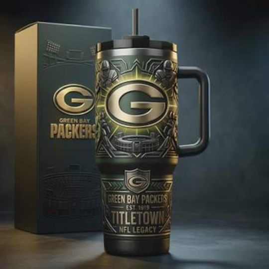 Green Bay Packers stainless steel insulated mug with handle, Packers Fan Gift.