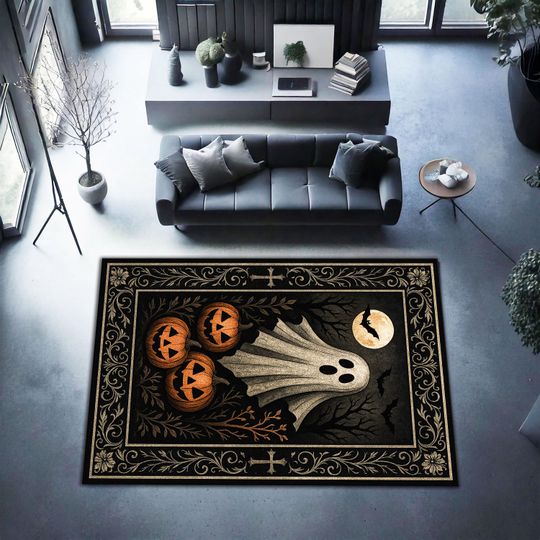 Halloween Ghost Rug, Spooky Pumpkin Carpet, Haunted House Floor Mat, Jack-o'-Lantern Area Rug, Black and Orange Fall Decor