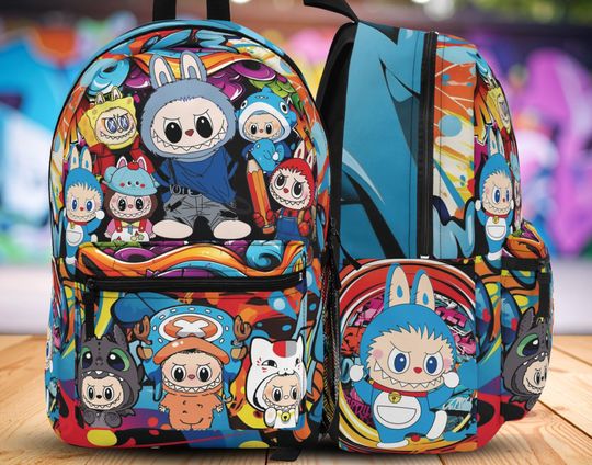 Light Blue Graffiti Labubu Backpack for Boys, School Backpack, Labubu Gift