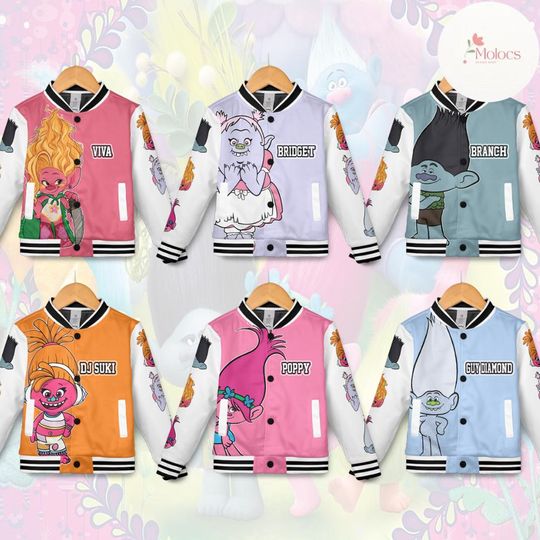 Personalized Trolls Baseball Jacket, Trolls Band Together Queen Poppy Birthday Girl Jacket