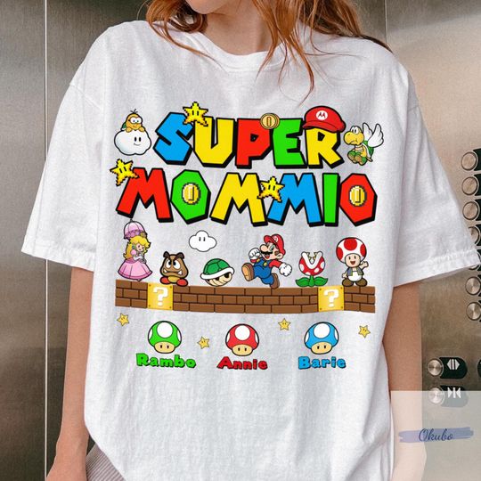 Personalized Super Mommio Shirt, Custom Gamer Mom T-Shirt  Retro Gaming Super Momio Tee