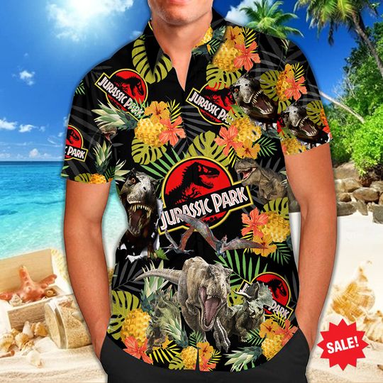 Jurassic Park Tropical Dinosaur Hawaiian Shirt, Custom Name Dinosaur Party Jurassic World Shirt