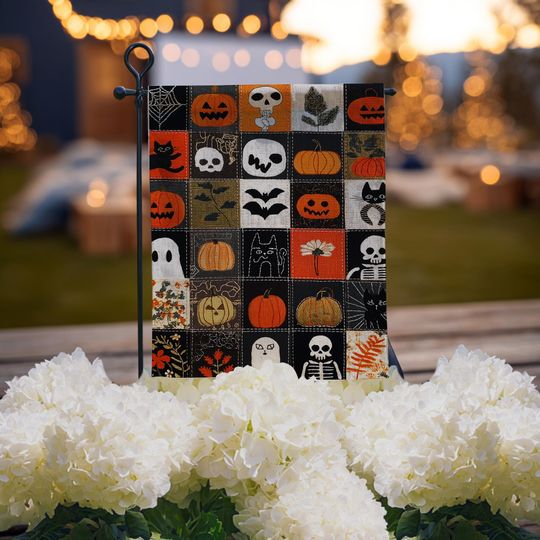 Halloween Garden Flag | Spooky Pumpkin Ghost Skeleton Outdoor Decor | Ghost and Cat Fall Yard Decoration for Porch & Garden Fall Porch Decor