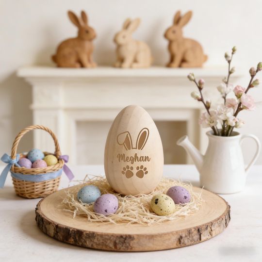 Personalized First Easter Wooden Egg,Custom Bunny Name Engraved Easter Egg,Baby's Easter Keepsake,Easter Basket Stuffer,Newborn Baby Gift