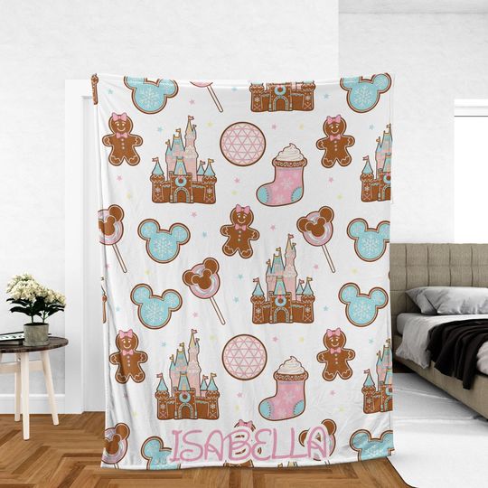 Personalized Disney Gingerbread Castle Fleece Blanket for Kids Room Winter Mickey Nursery Decor