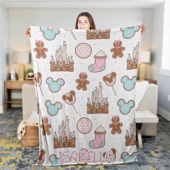 Personalized Disney Gingerbread Castle Fleece Blanket for Kids Room Winter Mickey Nursery Decor