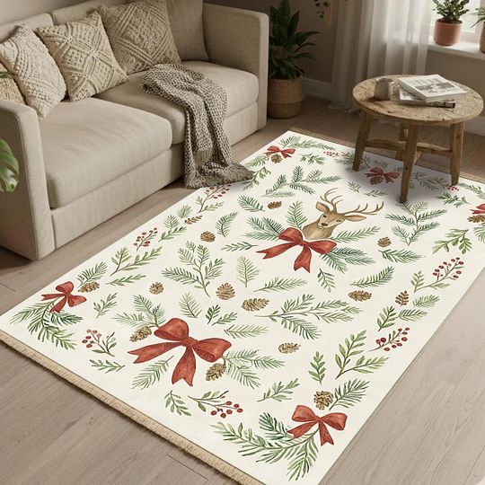 Christmas Rug With Reindeer And Pine Tree Design Rustic Holiday