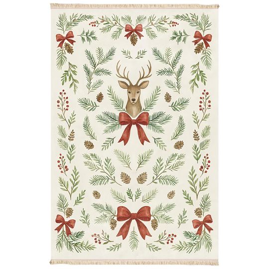 Christmas Rug With Reindeer And Pine Tree Design Rustic Holiday