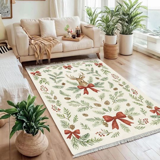 Christmas Rug With Reindeer And Pine Tree Design Rustic Holiday