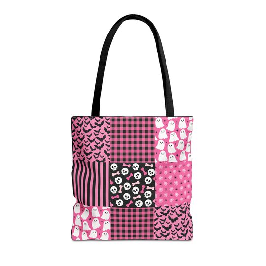 Pink Patchwork Halloween Tote Bag: Stitched Trick or Treat Bag