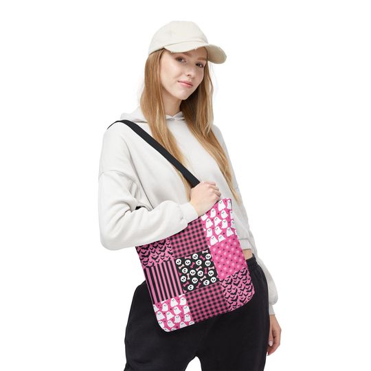Pink Patchwork Halloween Tote Bag: Stitched Trick or Treat Bag