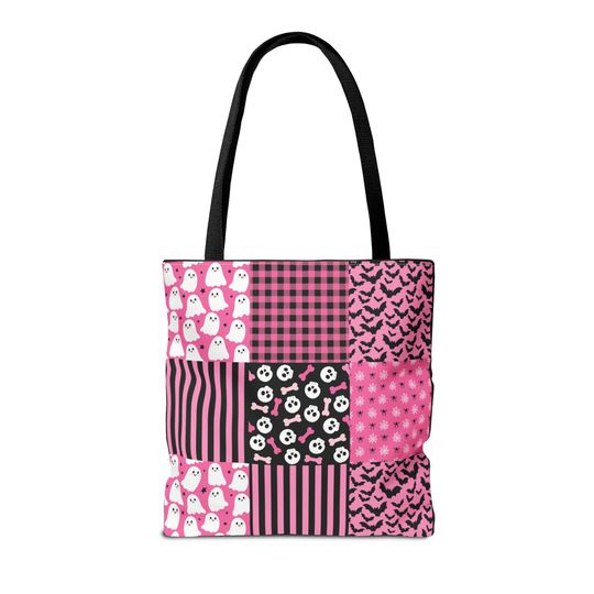 Pink Patchwork Halloween Tote Bag: Stitched Trick or Treat Bag