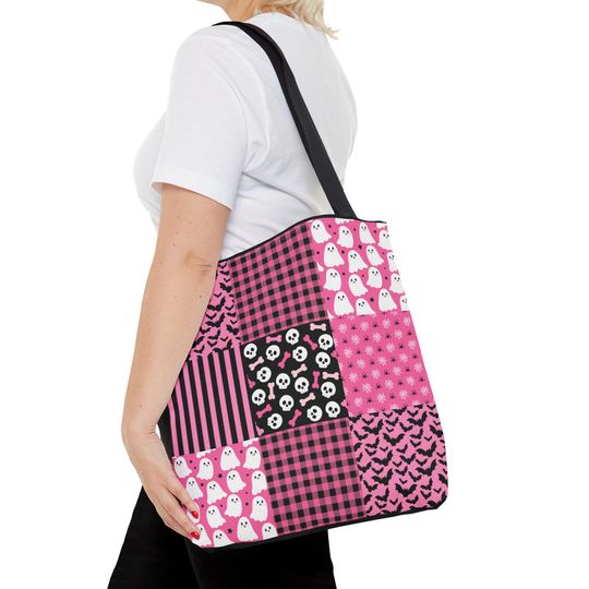 Pink Patchwork Halloween Tote Bag: Stitched Trick or Treat Bag