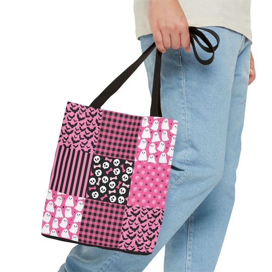 Pink Patchwork Halloween Tote Bag: Stitched Trick or Treat Bag