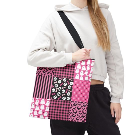 Pink Patchwork Halloween Tote Bag: Stitched Trick or Treat Bag
