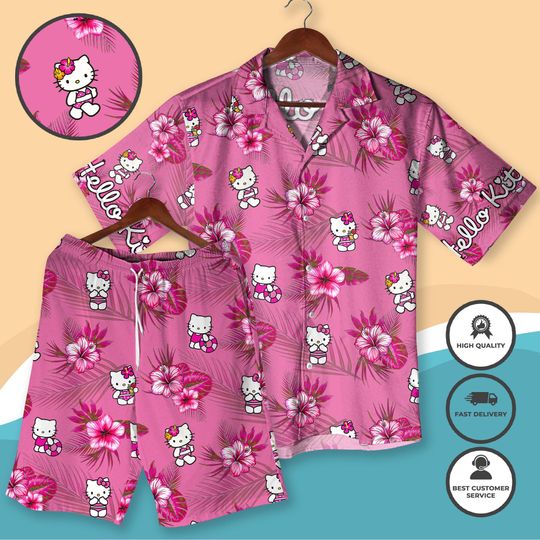 Hello Kitty Valentine Hawaiian Shirt and Short, Floral Hello Kitty Shirt & Shorts, Cute Valentine Outfit, Couples Shirt gifts, Valentine Gift