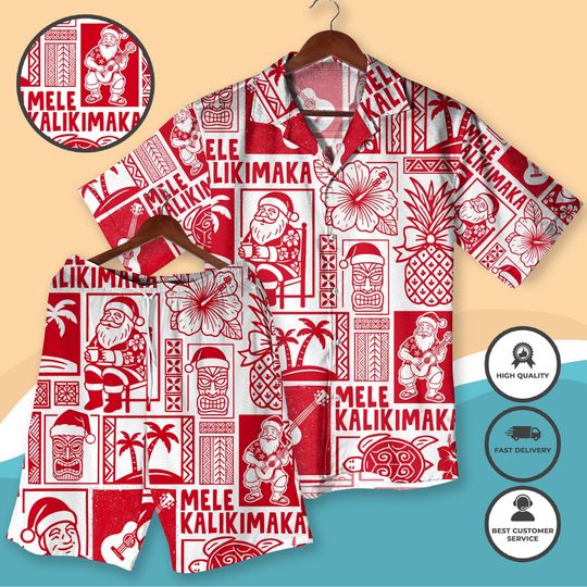 Mele Kalikimaka Christmas Hawaiian Shirt and Short, Tropical Santa Aloha Shirt & Shorts Beach Holiday Outfit for Men Women