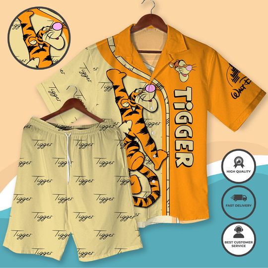 Tigger Hawaiian Shirt and Short, Winnie the Pooh Summer Outfit, Cute Tigger Button Down Shirt, Tropical Vacation Tigger Shirt Beach Shirt