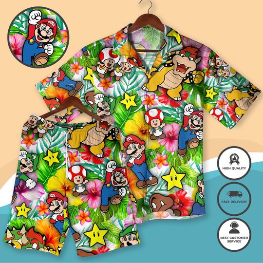 Mario Hawaiian Shirt and Short, Luigi, Bowser, Toad, Goomba, Super Star Tropical Video Game Print Button Up, Vacation Shirt