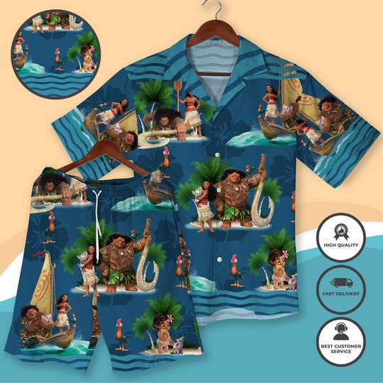 Movie Hawaiian Shirt and Shorts, Tropical Vacation Outfit, Wayfinder Beach Wear, Hei Hei and Pua Summer Matching Shirt
