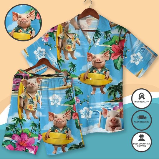 Surfing Pig Hawaiian Shirt and Short, Tropical Beach Party Outfit, Cute Animal Summer Button Down, Luau Vacation Wear, Funny Piggy Surfboard Apparel