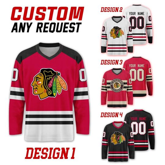Custom Chicago Blackhawks Ice Hockey Team Home Away Jersey, Chicago Hockey Team Vneck Jersey, Long Sleeve Jersey Hockey