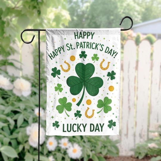 St Patricks Day Garden Flag, Lucky Shamrock Outdoor Flag, Irish Clover Yard Decor, Happy St Patricks Day Flag