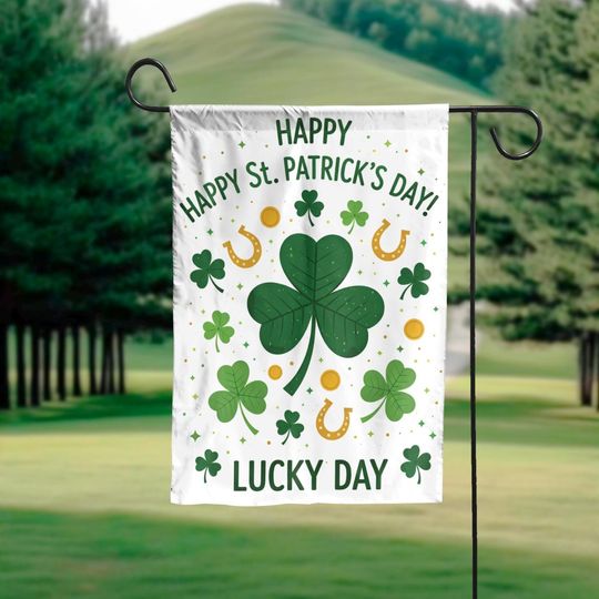St Patricks Day Garden Flag, Lucky Shamrock Outdoor Flag, Irish Clover Yard Decor, Happy St Patricks Day Flag