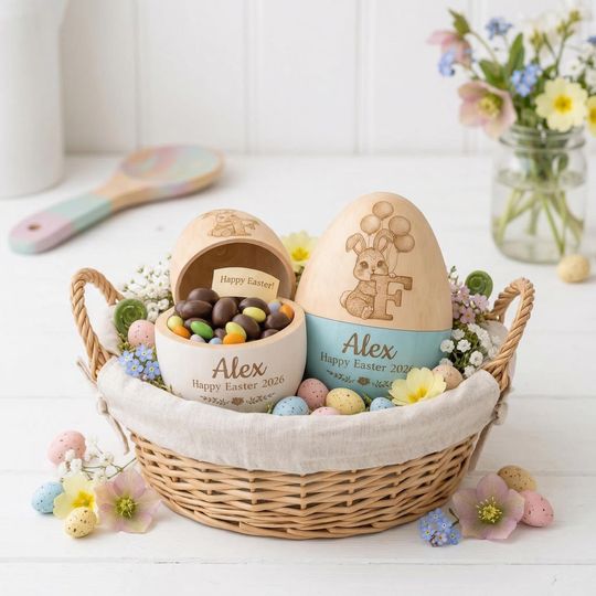 Personalized Wooden Easter Egg, Custom Name Engraved Hollow Egg, Baby First Easter Keepsake, Toddler Basket Decor
