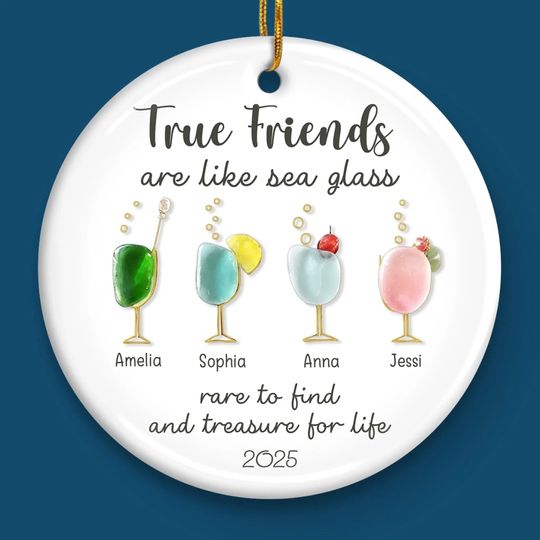 Personalized Friends Ornament 2025, Sea Glass Cocktails, Custom Ceramic Keepsake