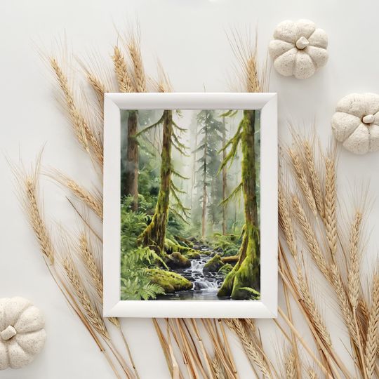 Hoh Rainforest Art Print  Olympic National Park Forest River Painting, Evergreen Trees, Foggy Landscape Wall Art, Washington Decor
