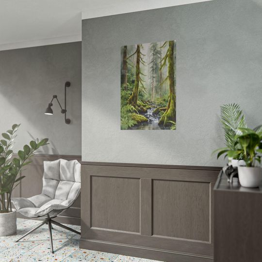 Hoh Rainforest Art Print  Olympic National Park Forest River Painting, Evergreen Trees, Foggy Landscape Wall Art, Washington Decor