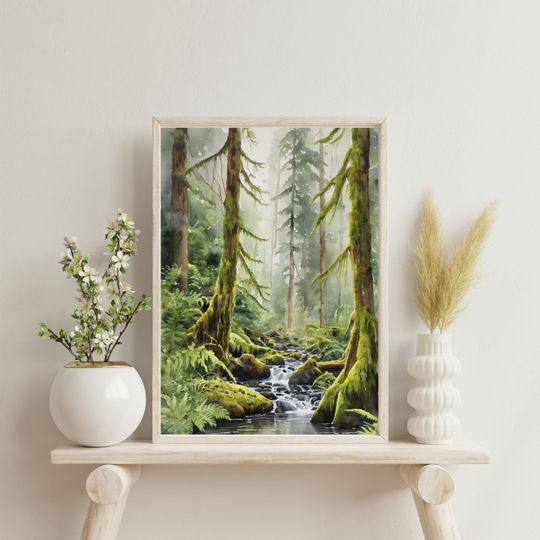 Hoh Rainforest Art Print  Olympic National Park Forest River Painting, Evergreen Trees, Foggy Landscape Wall Art, Washington Decor