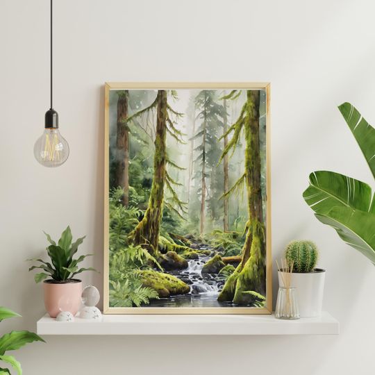 Hoh Rainforest Art Print  Olympic National Park Forest River Painting, Evergreen Trees, Foggy Landscape Wall Art, Washington Decor