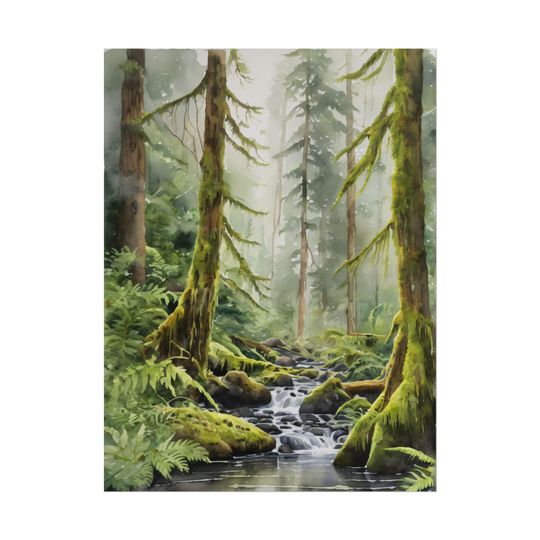 Hoh Rainforest Art Print  Olympic National Park Forest River Painting, Evergreen Trees, Foggy Landscape Wall Art, Washington Decor