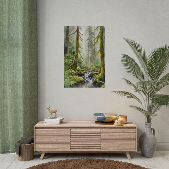 Hoh Rainforest Art Print  Olympic National Park Forest River Painting, Evergreen Trees, Foggy Landscape Wall Art, Washington Decor