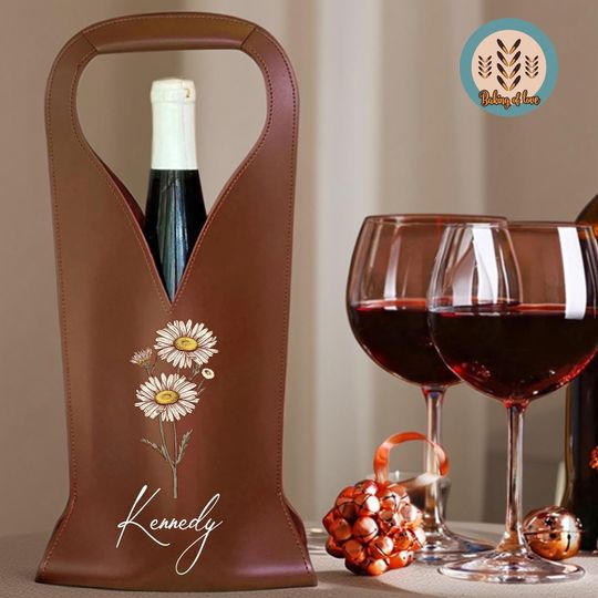 Personalized Leather Wine Tote Bag,Custom Birthflower Wine Bottle Holder,Birth Flower Wine Bag,Wine Bag,Gifts For Wine Lover,Wine Tote,Gifts